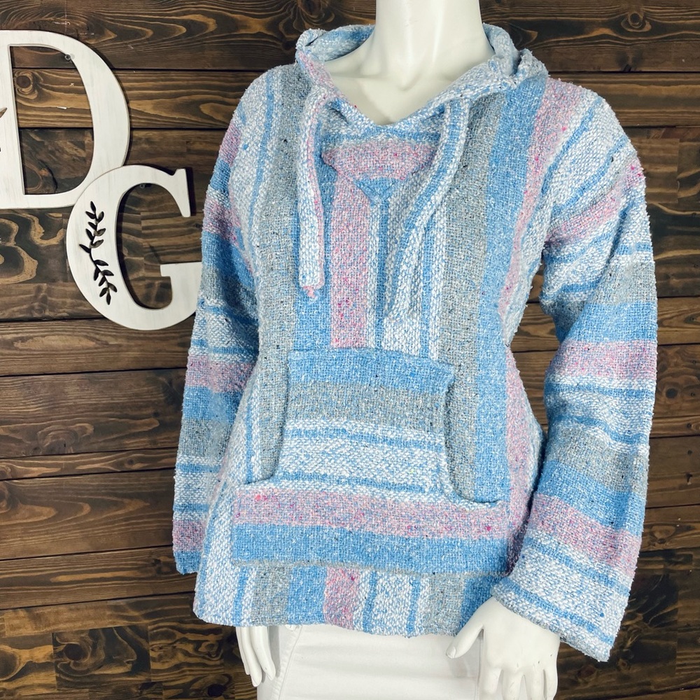 Authentic Baja Mexican Blanket Poncho Hoodie Sweater Pullover Multicolor Stripe